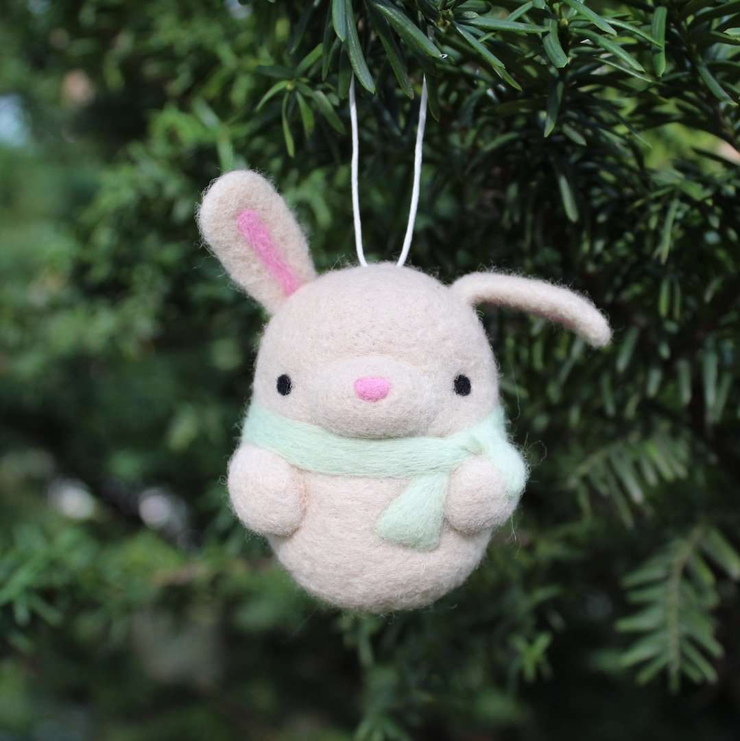 Needle Felted Bunny Ornament (Beige w/ Mint Scarf)