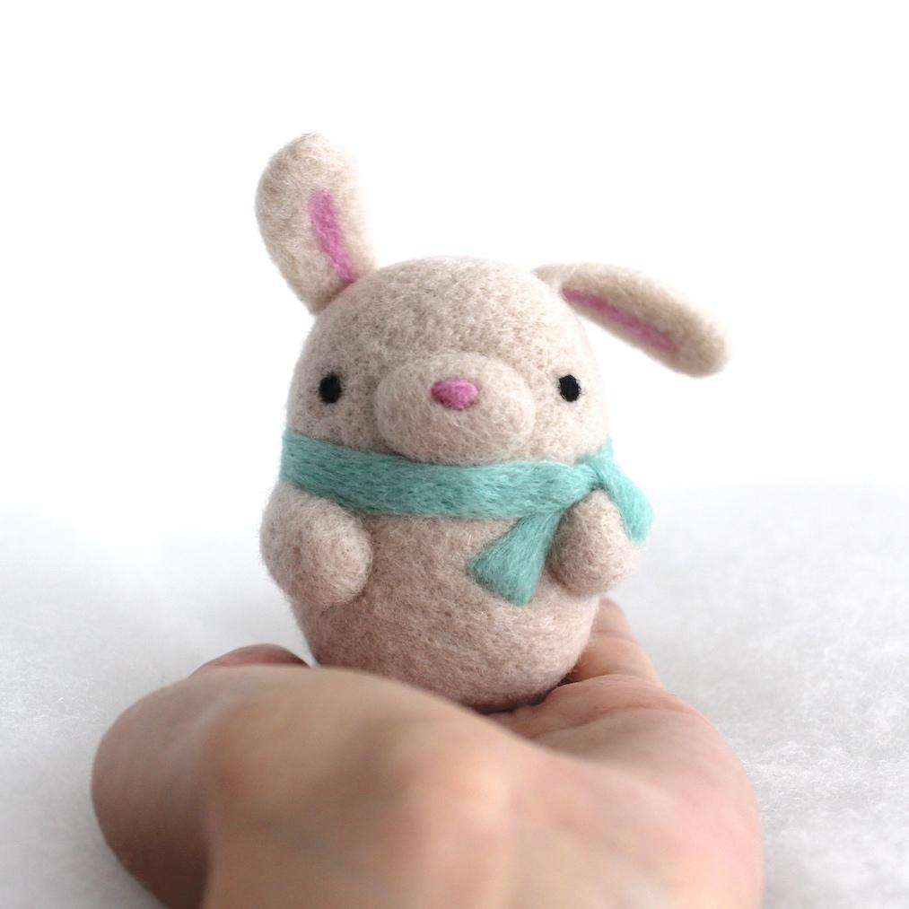 Needle Felted Bunny Ornament (Beige w/ Turquoise Scarf)