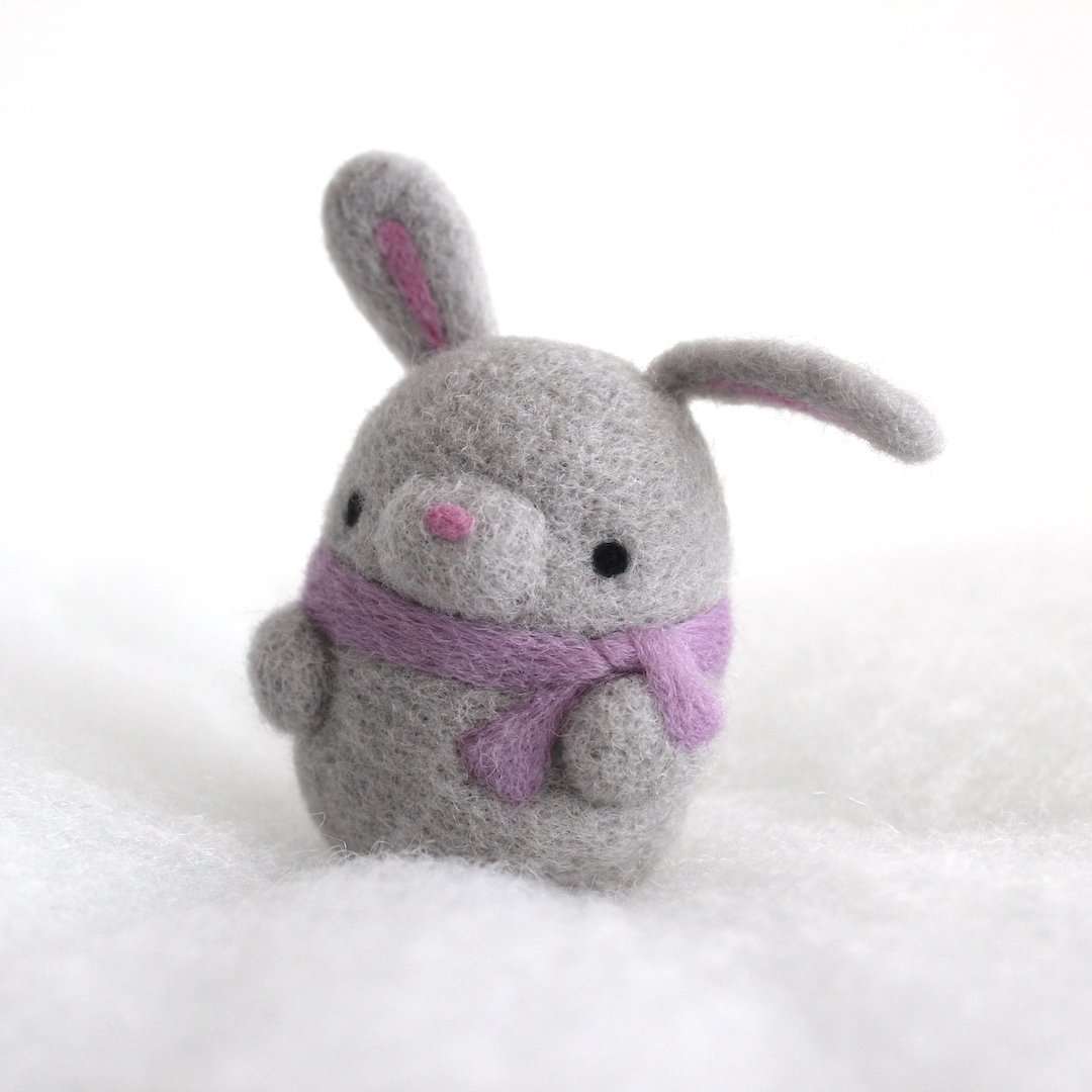 Needle Felted Bunny Ornament (Grey w/ Purple Scarf)