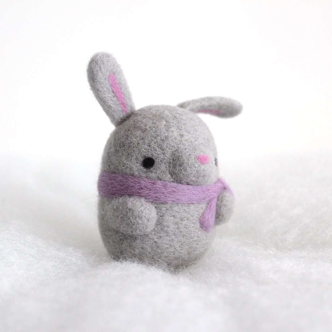 Needle Felted Bunny Ornament (Grey w/ Purple Scarf)