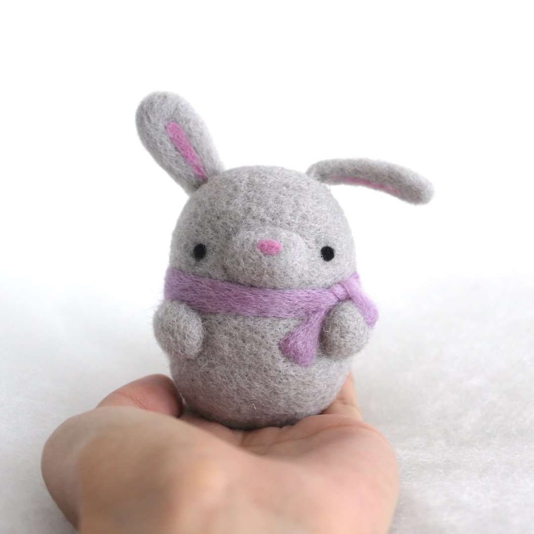 Needle Felted Bunny Ornament (Grey w/ Purple Scarf)