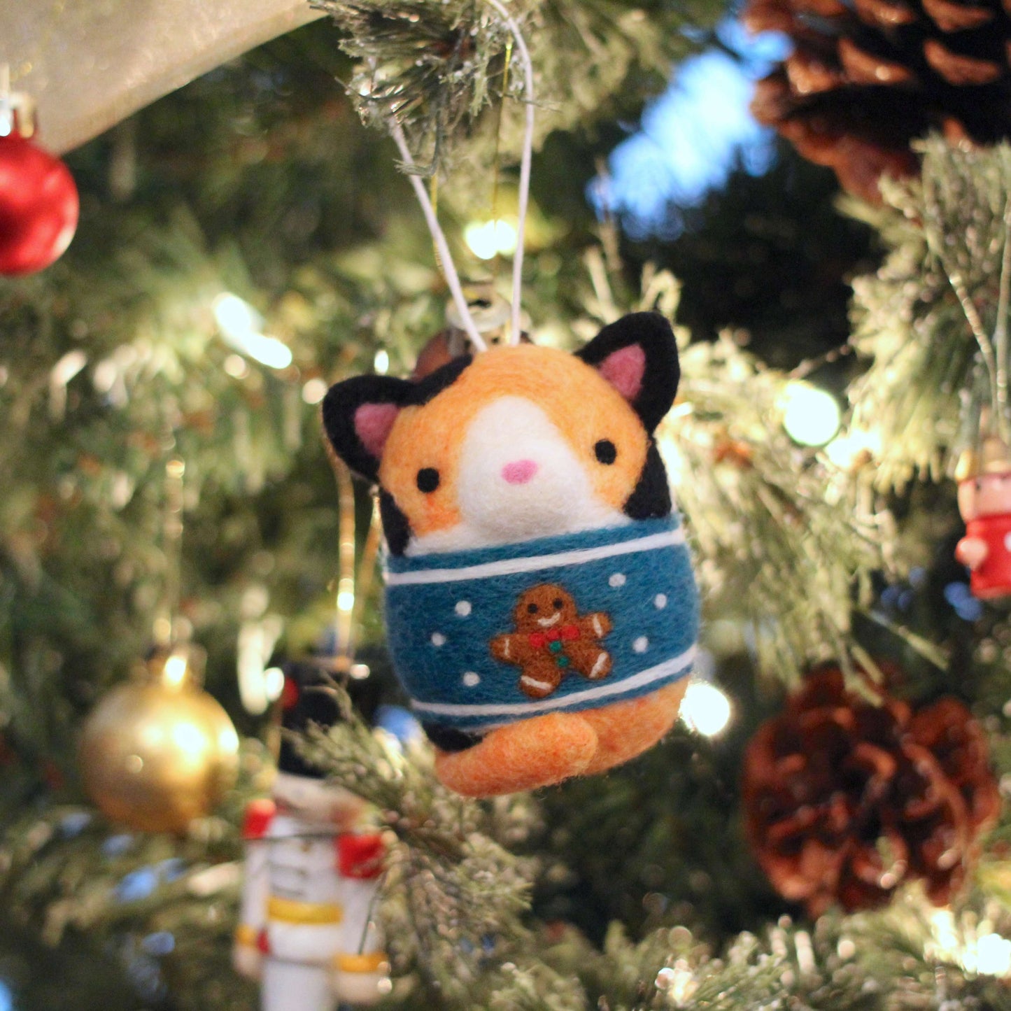 Needle Felted Calico Cat in Gingerbread Christmas Sweater