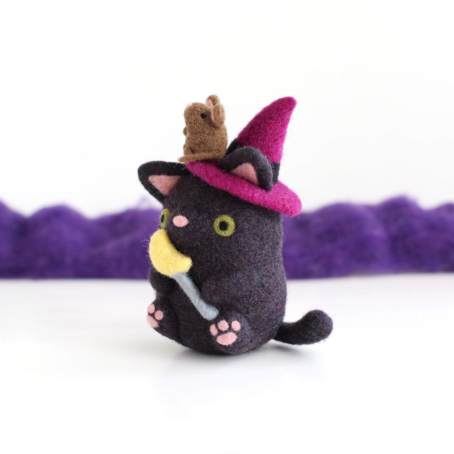 Needle Felted Cat Witch with Mouse Familiar