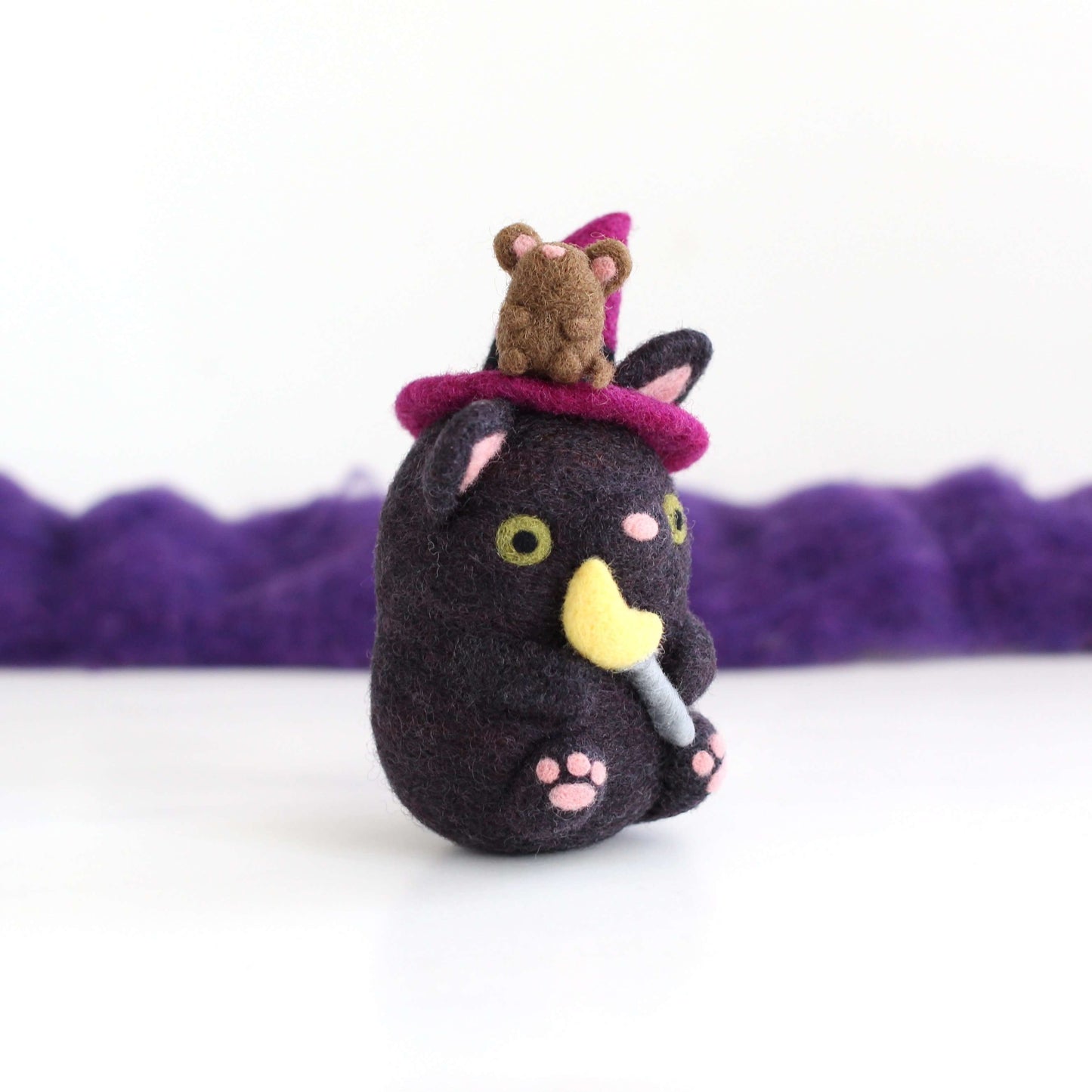 Needle Felted Cat Witch with Mouse Familiar
