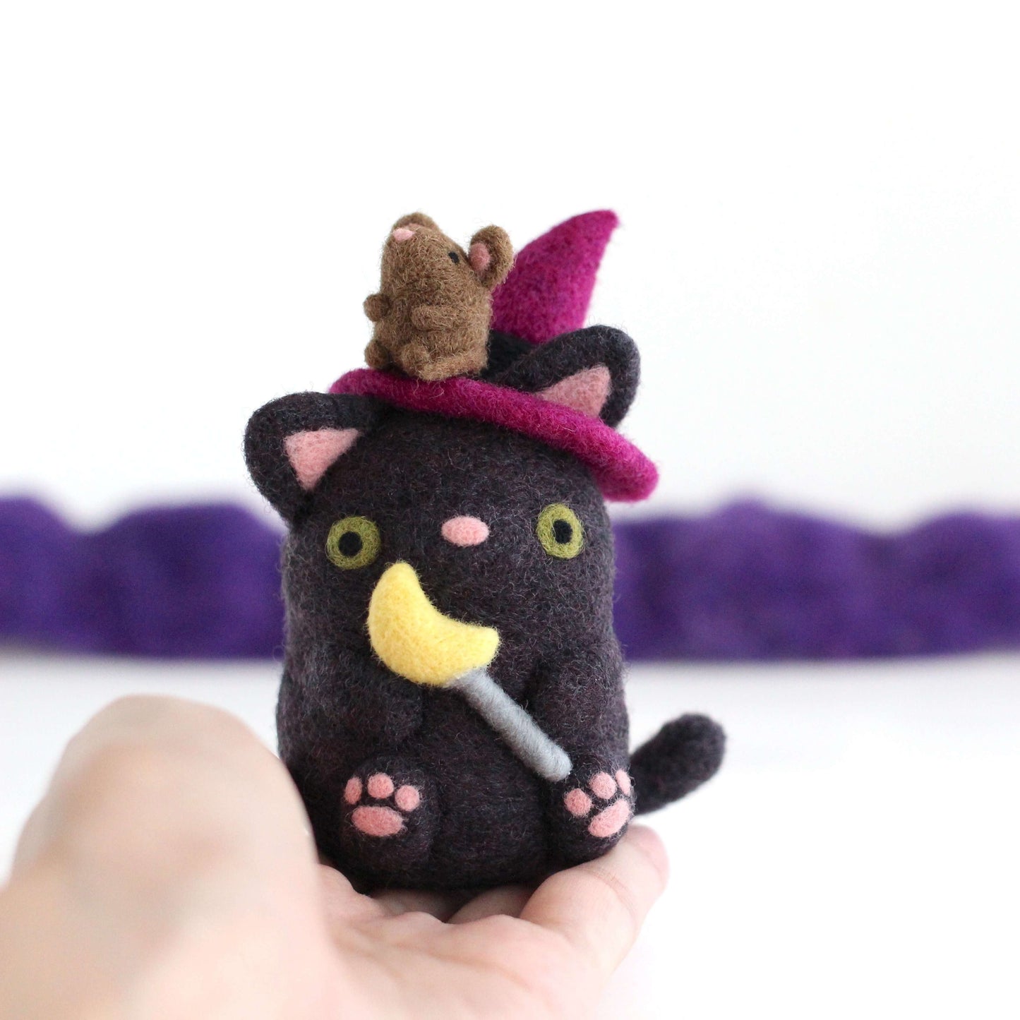 Needle Felted Cat Witch with Mouse Familiar