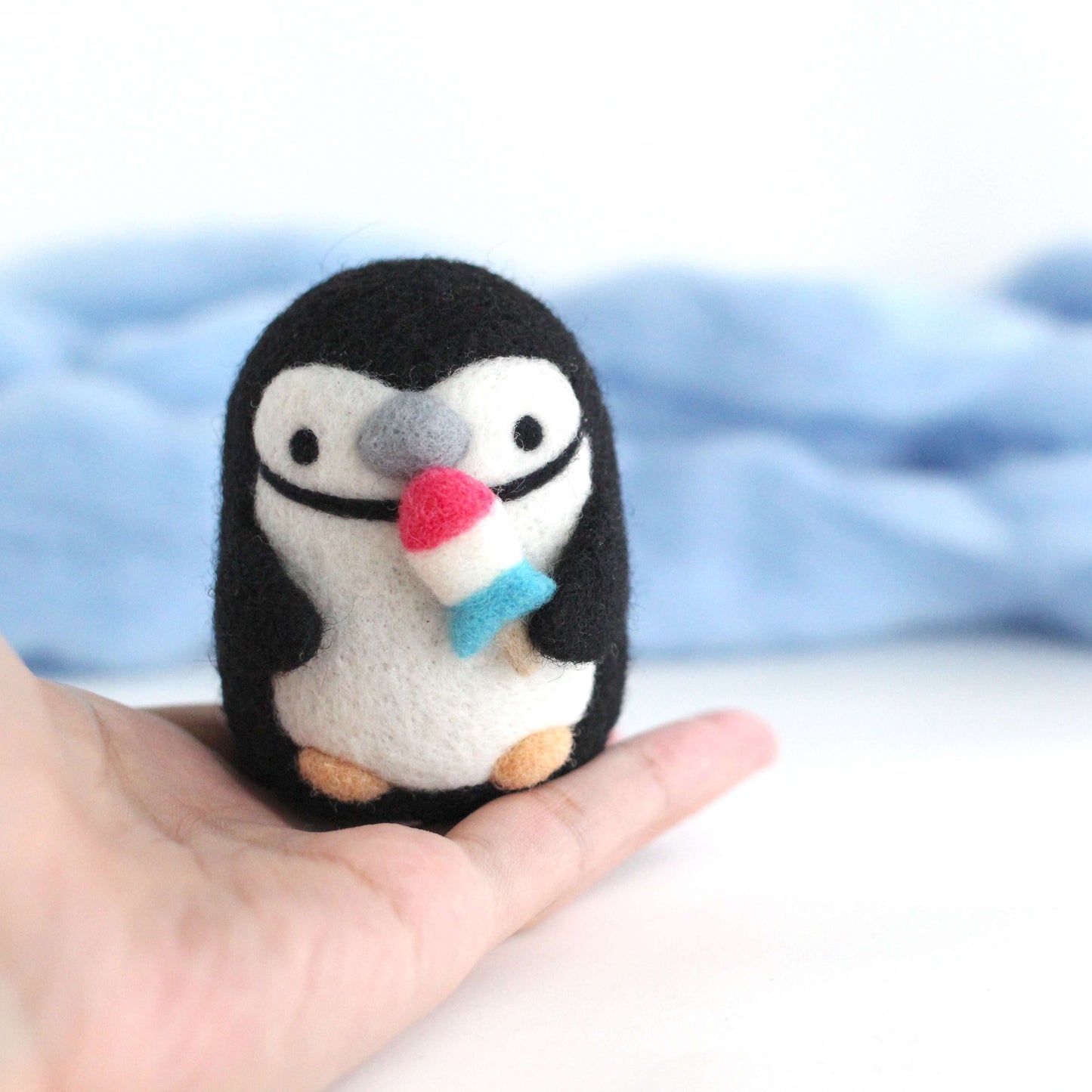 Needle Felted Chinstrap Penguin with Rocket Fish Pop