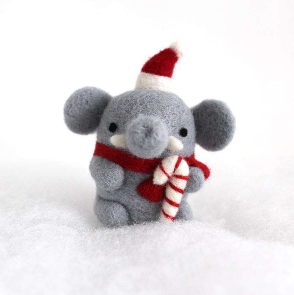 Needle Felted Elephant w/ Candy Cane