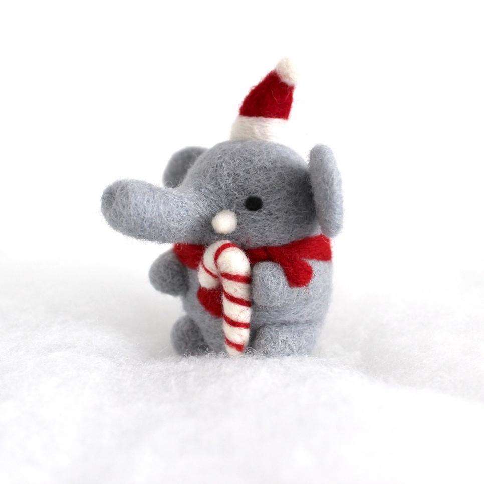 Needle Felted Elephant w/ Candy Cane