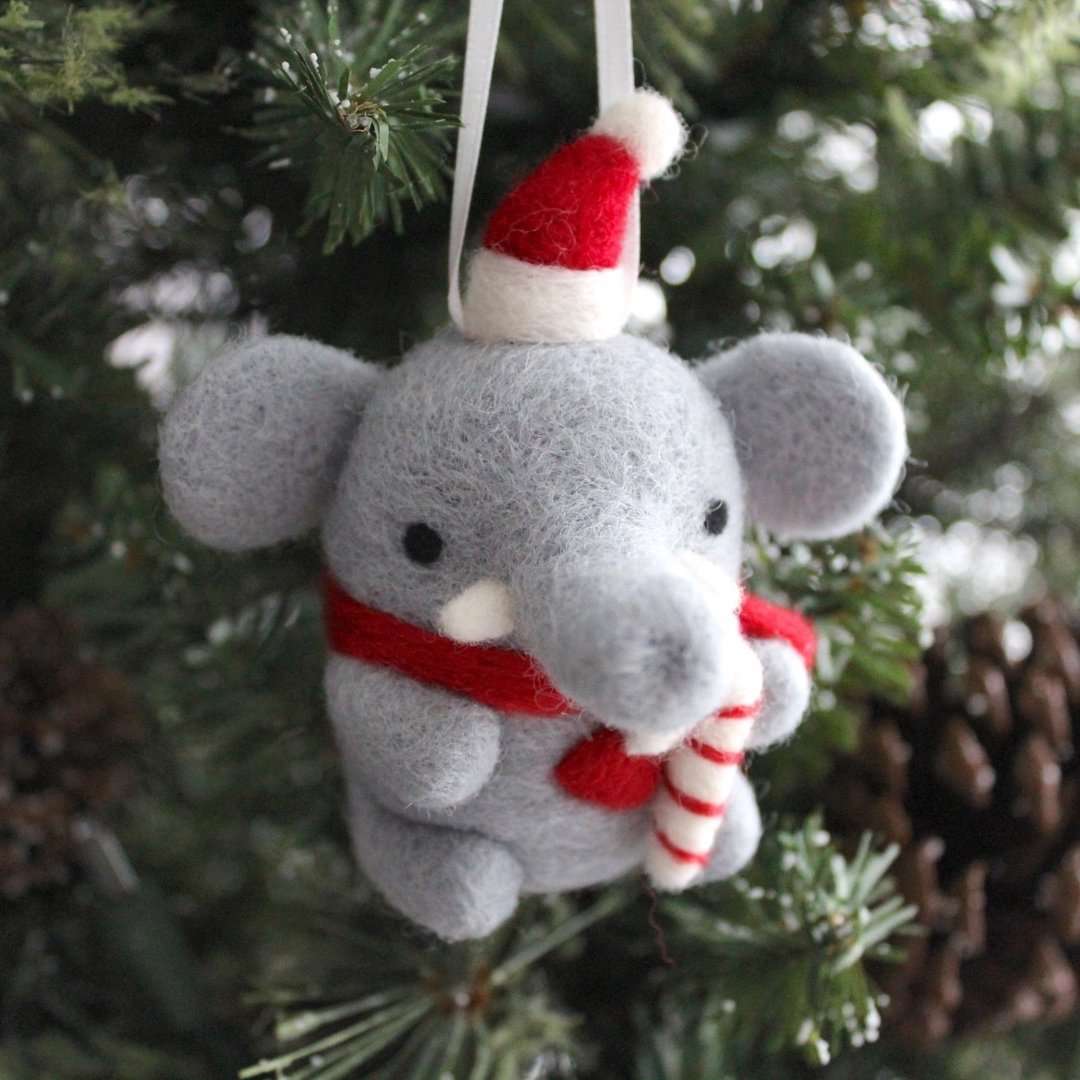 Needle Felted Elephant w/ Candy Cane