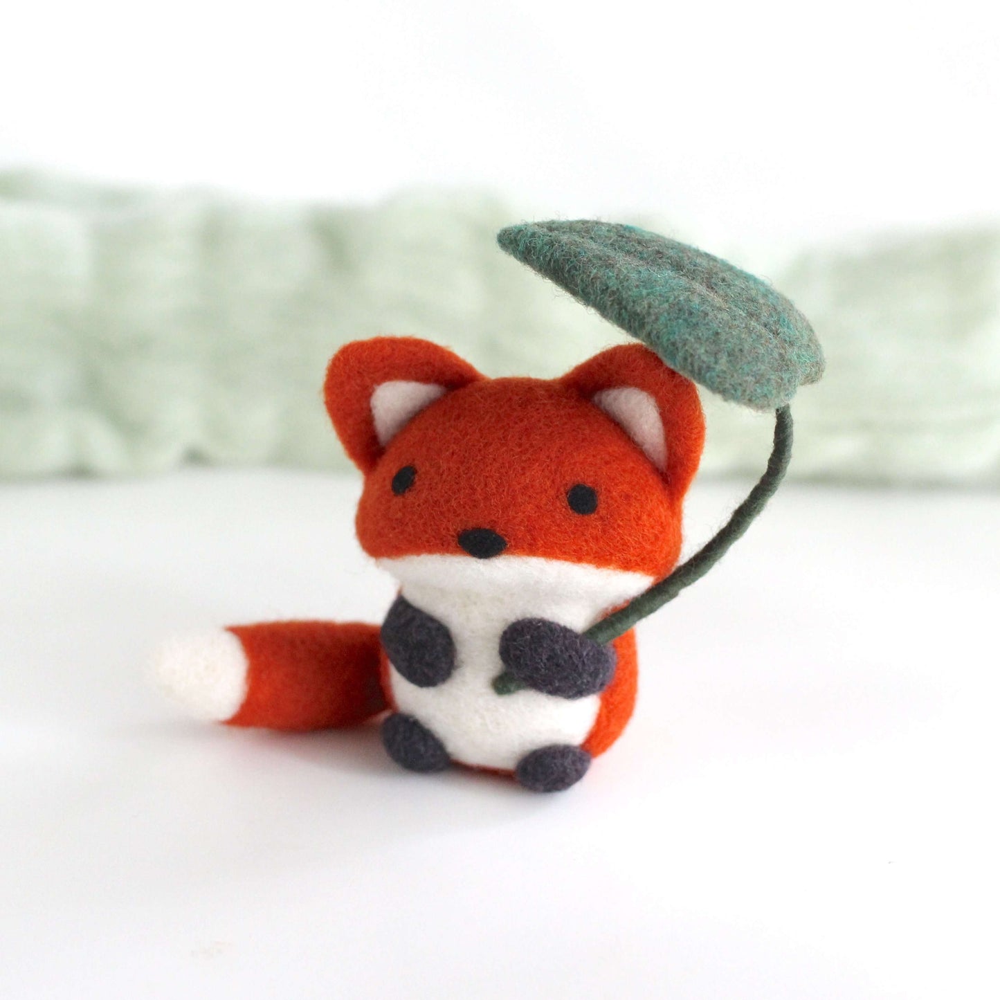 Needle Felted Fox Holding Leaf Umbrella