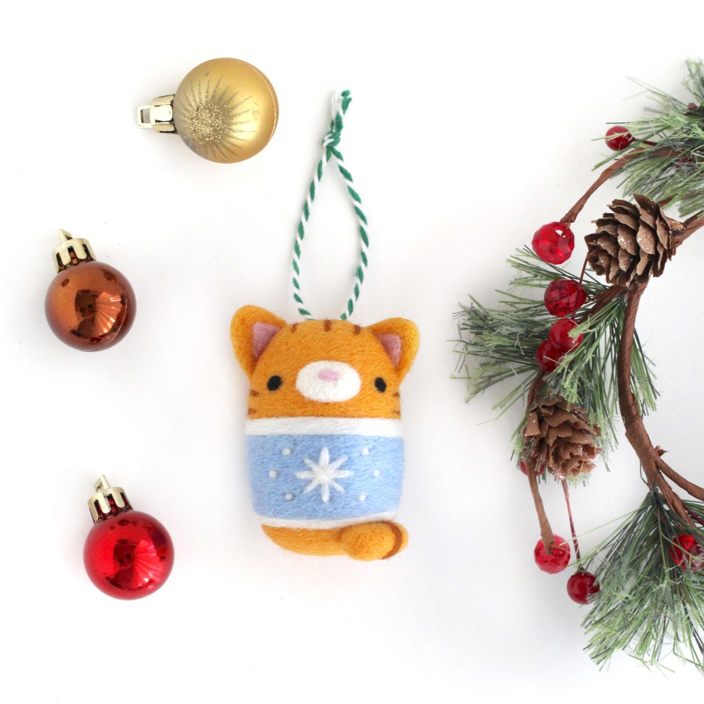 Needle Felted Ginger Tabby Cat in Christmas Sweater by Wild Whimsy Woolies