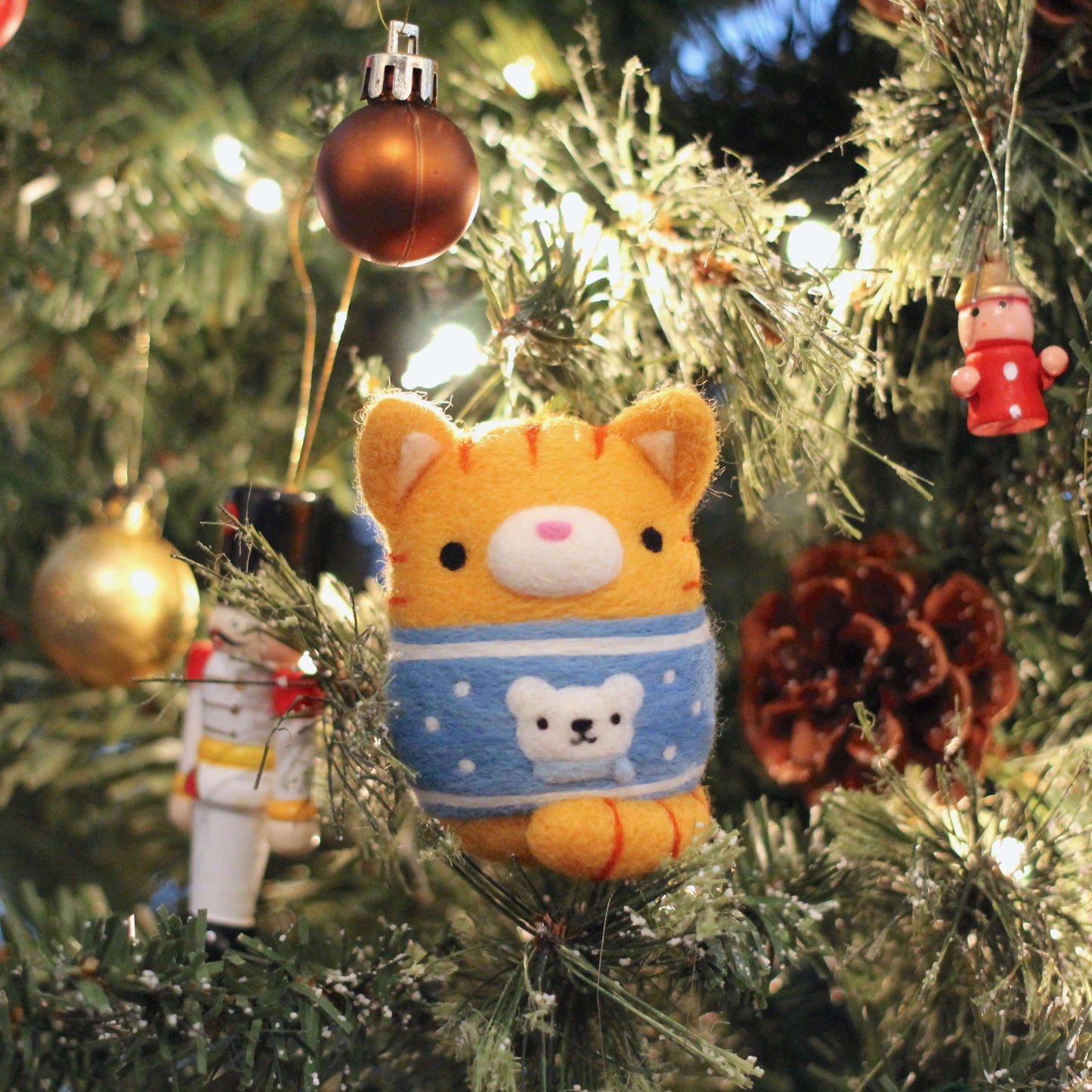 Needle Felted Ginger Tabby Cat in Polar Bear Christmas Sweater