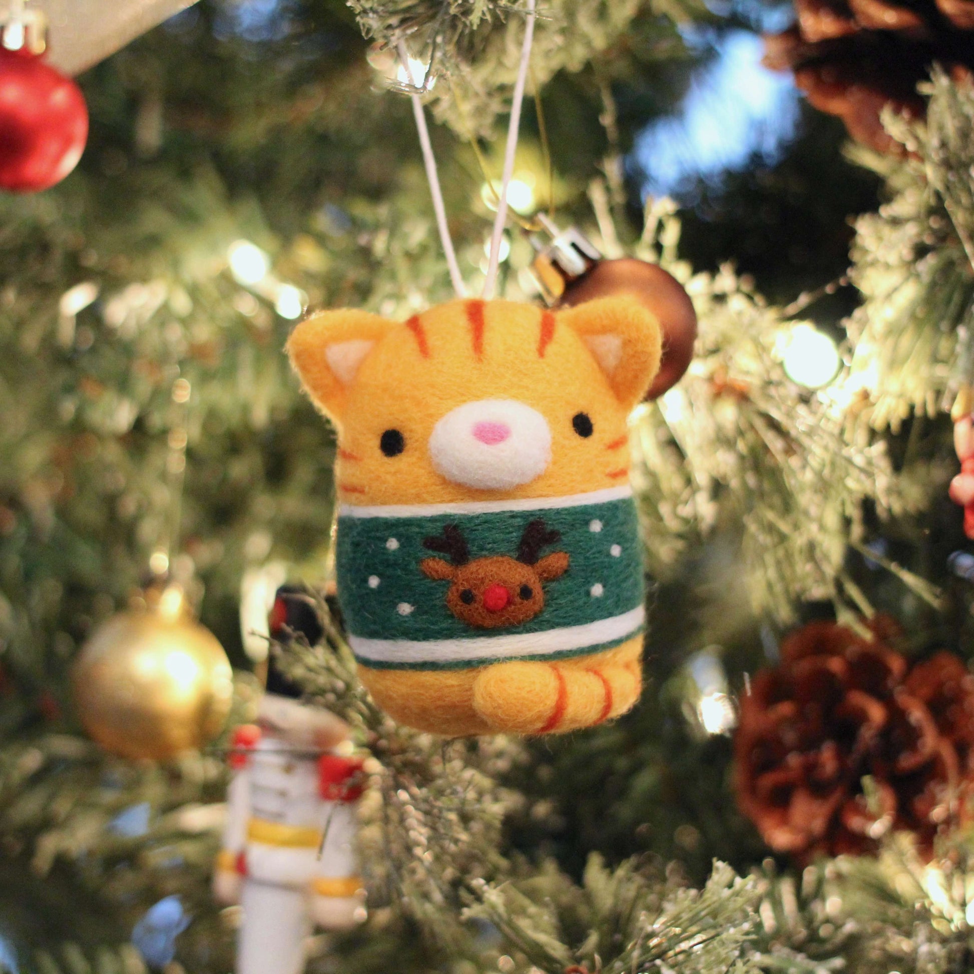 Needle Felted Ginger Tabby Cat in Reindeer Christmas Sweater