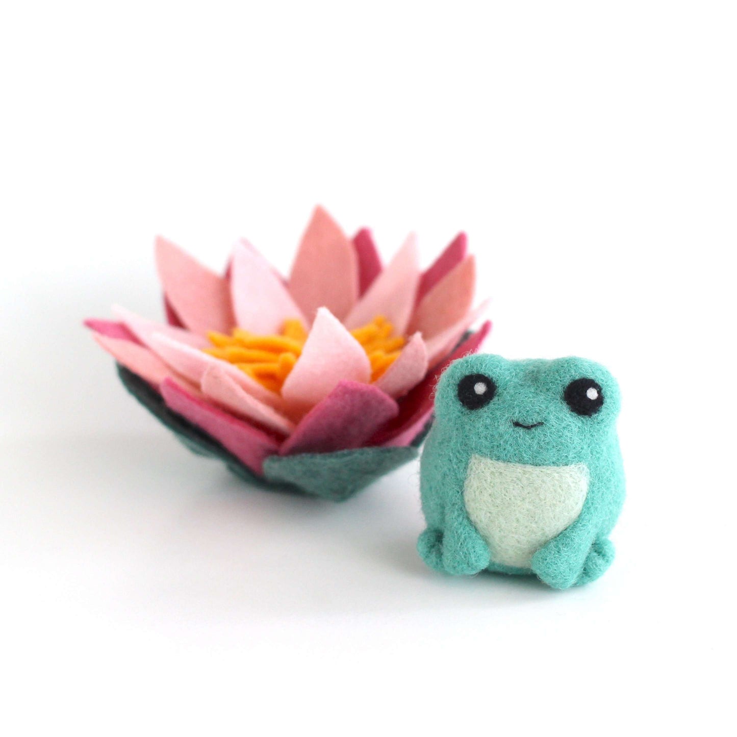Needle Felted Green Frog with Lotus Flower