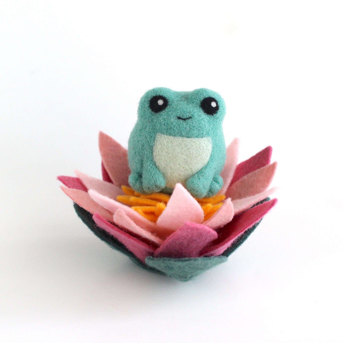 Needle Felted Green Frog with Lotus Flower