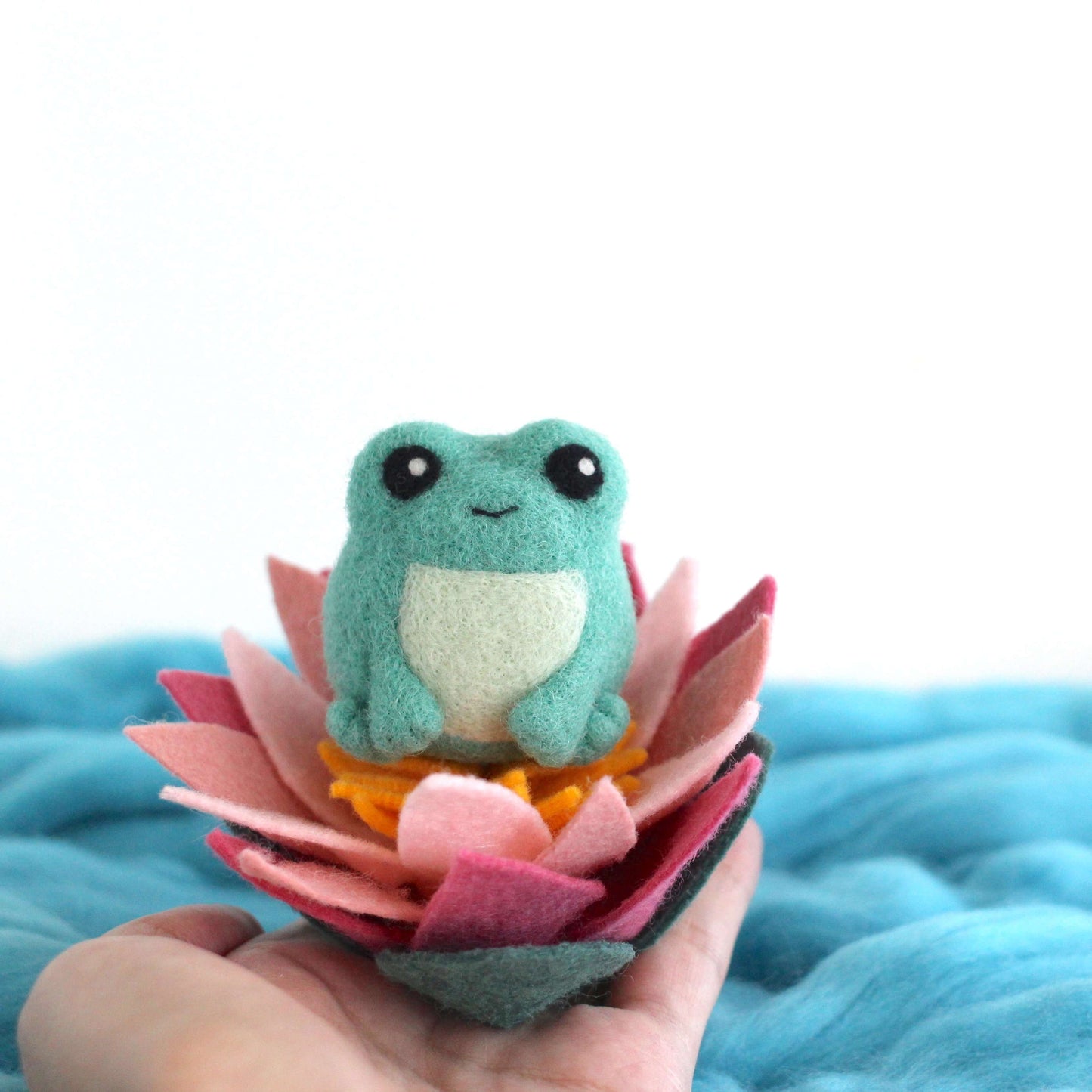 Needle Felted Green Frog with Lotus Flower