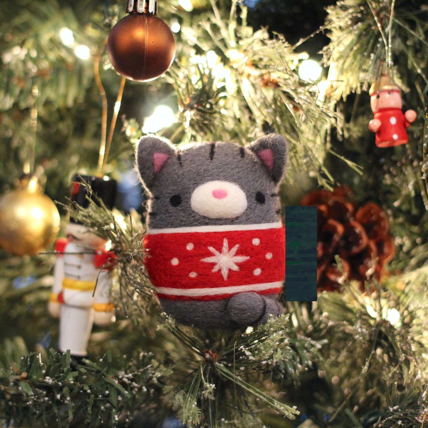 Needle Felted Grey Tabby Cat in Snowflakes Christmas Sweater
