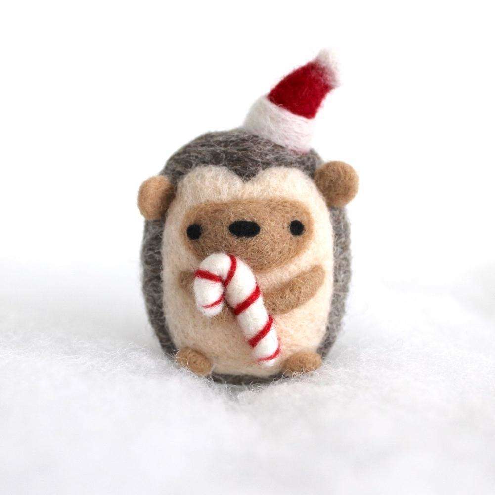 Needle Felted Hedgehog holding Candy Cane