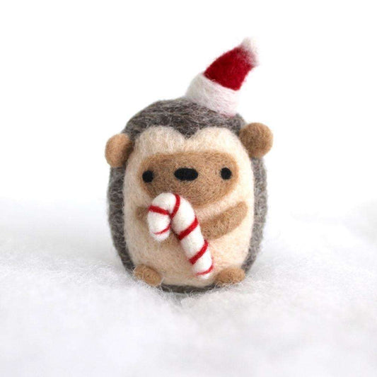 Needle Felted Hedgehog holding Candy Cane