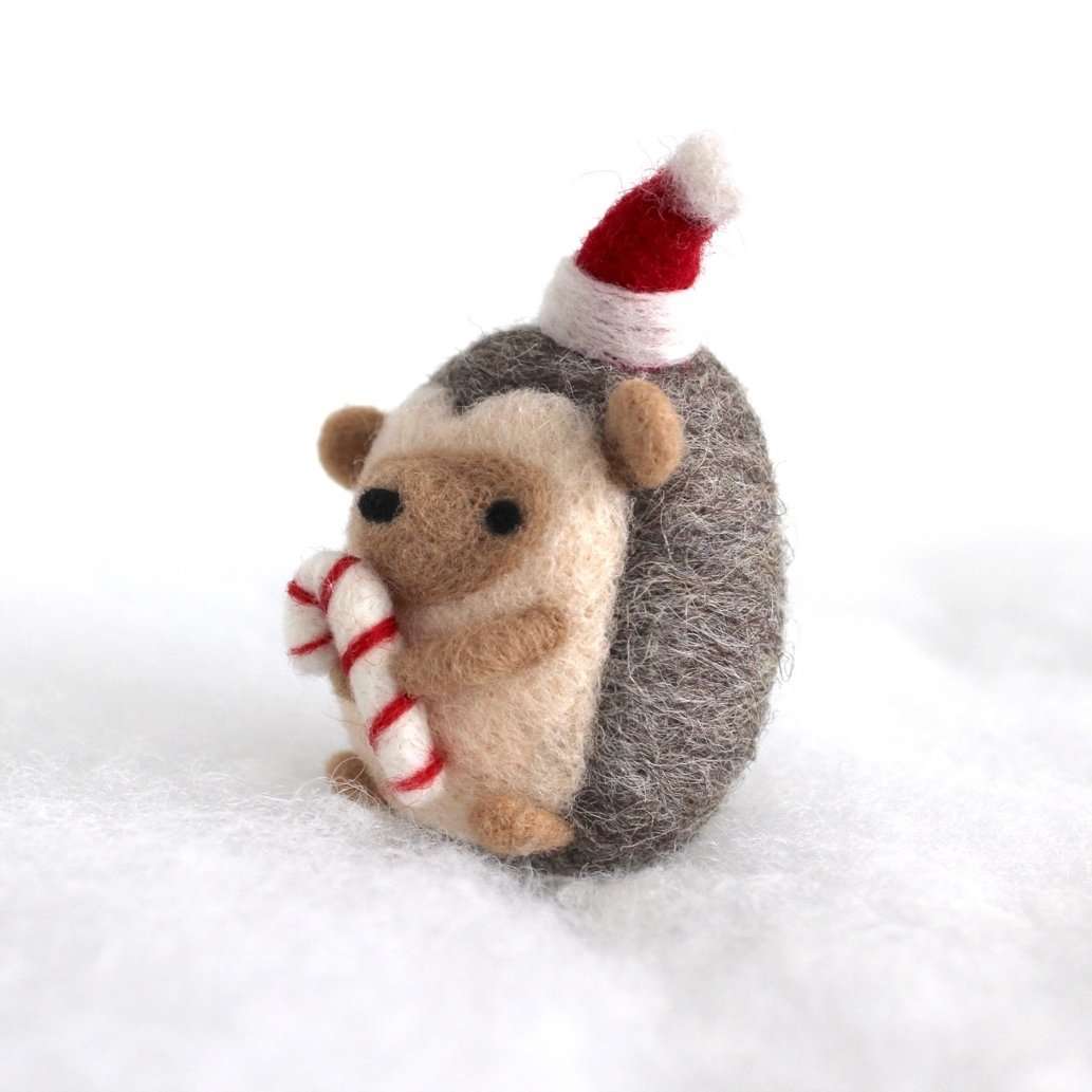 Needle Felted Hedgehog holding Candy Cane
