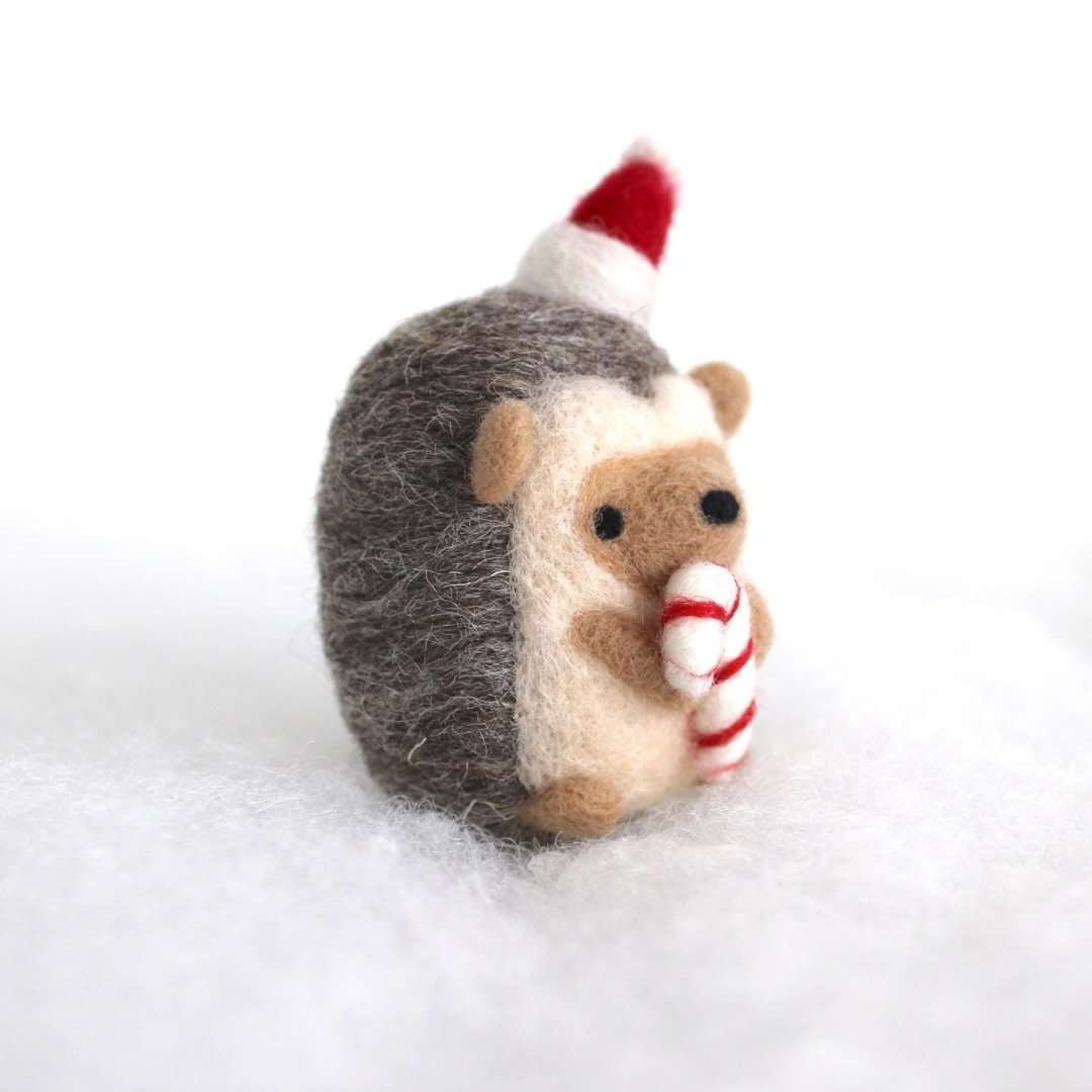 Needle Felted Hedgehog holding Candy Cane