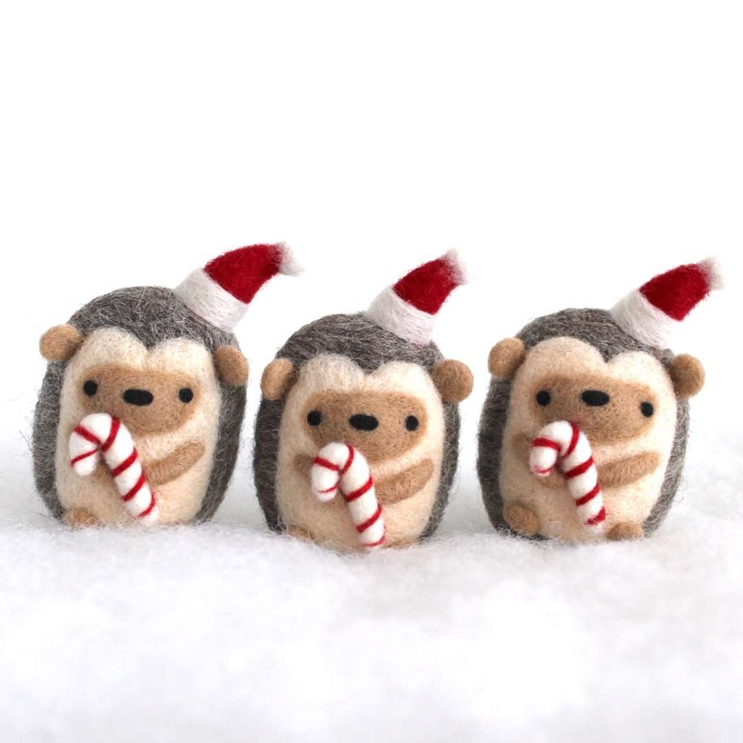 Needle Felted Hedgehog holding Candy Cane