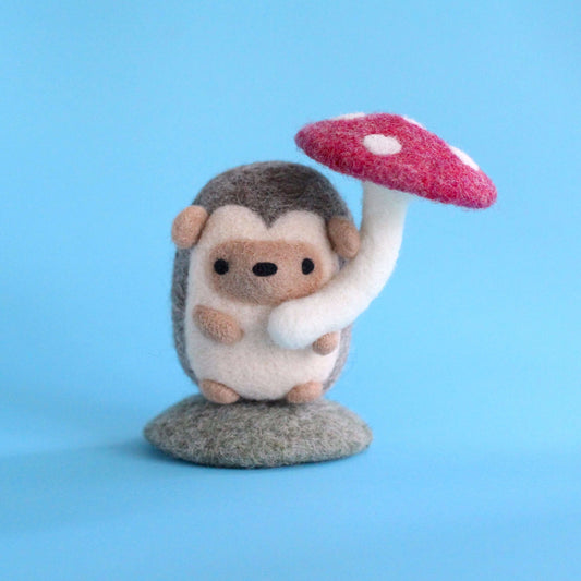 Needle Felted Hedgehog Holding Mushroom Umbrella