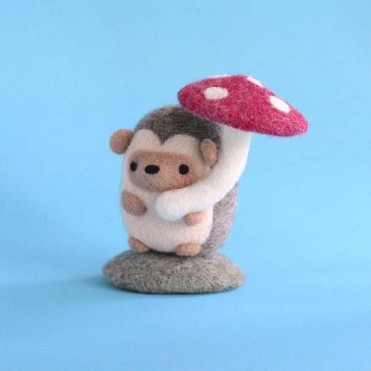 Needle Felted Hedgehog Holding Mushroom Umbrella