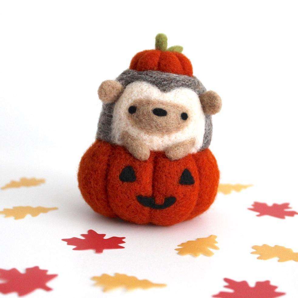 Needle Felted Hedgehog in Jack-o-Lantern (Burnt Orange Variant)