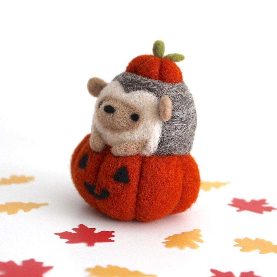 Needle Felted Hedgehog in Jack-o-Lantern (Burnt Orange Variant)