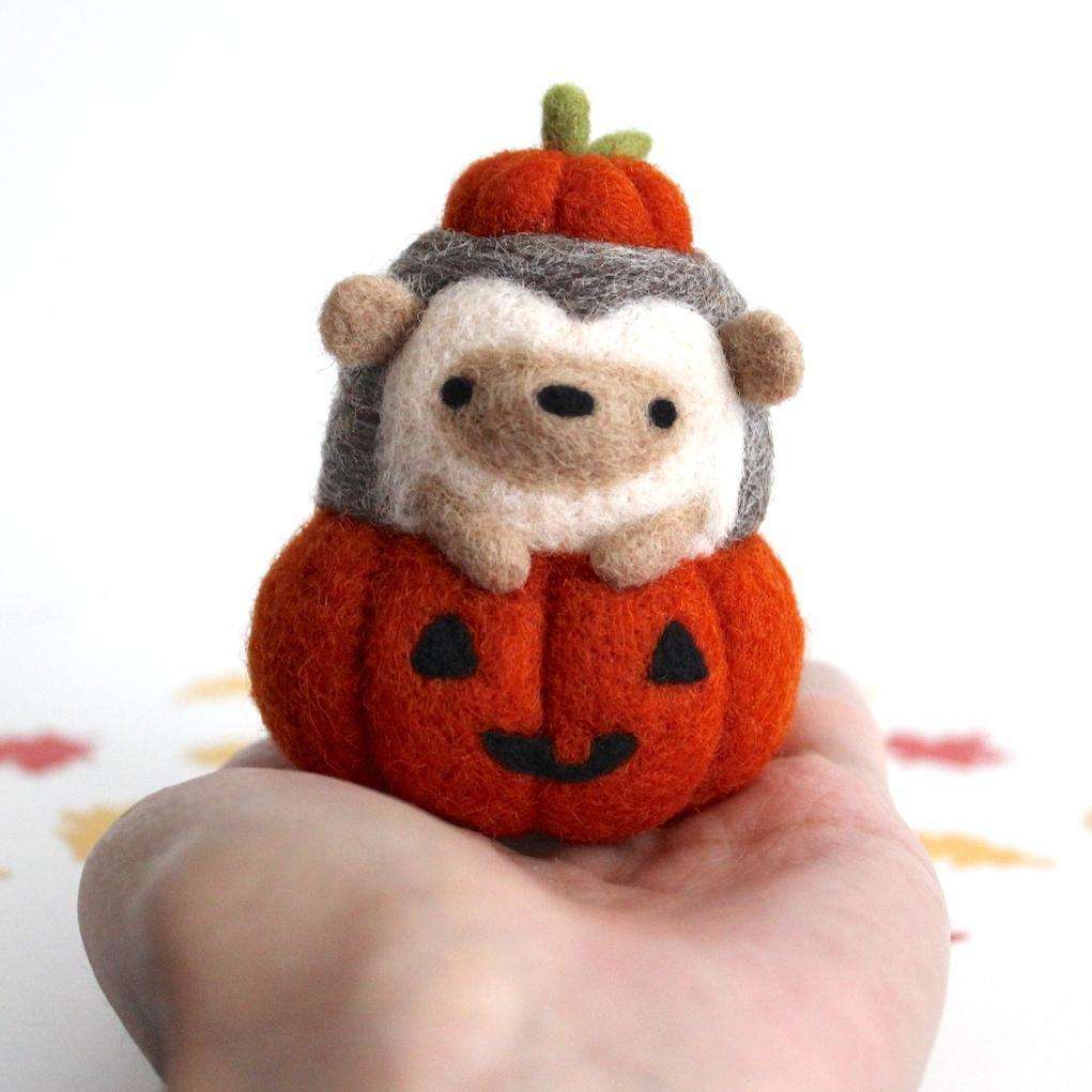 Needle Felted Hedgehog in Jack-o-Lantern (Burnt Orange Variant)