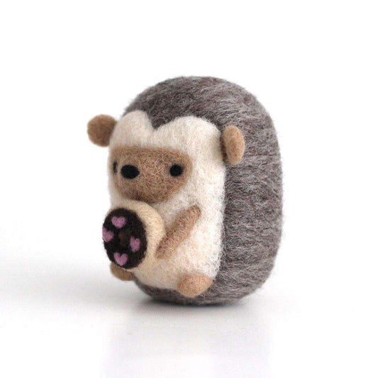 Needle Felted Hedgehog w/ Chocolate Heart Donut