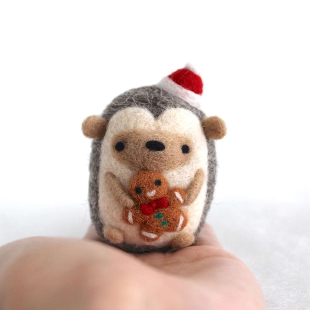 Needle Felted Hedgehog w/ Gingerbread Man