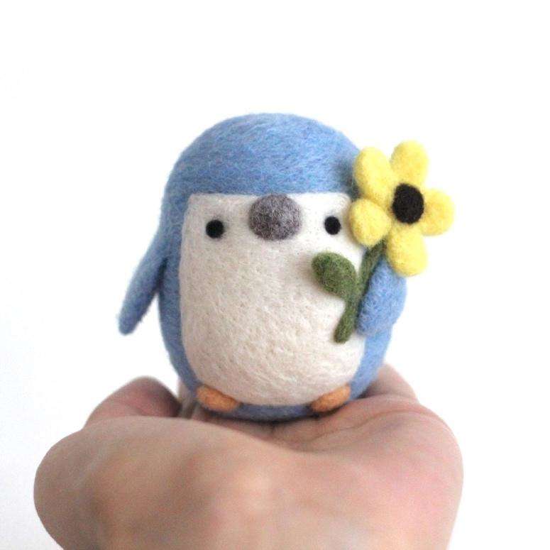 Needle Felted Little Blue Penguin w/ Flower