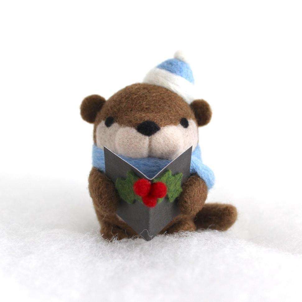Needle Felted Otter Christmas Caroler (w/ Blue Hat) by Wild Whimsy Woolies