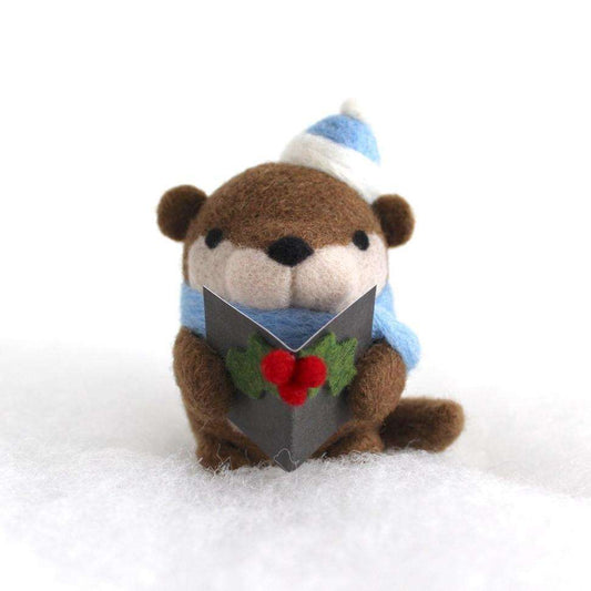Needle Felted Otter Christmas Caroler (w/ Blue Hat)