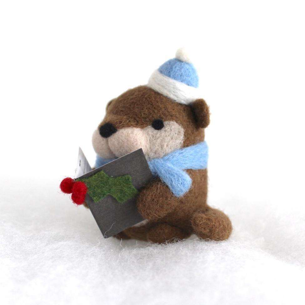 Needle Felted Otter Christmas Caroler (w/ Blue Hat) by Wild Whimsy Woolies