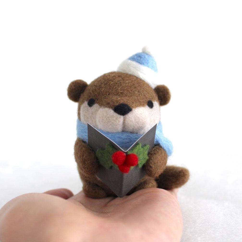 Needle Felted Otter Christmas Caroler (w/ Blue Hat) by Wild Whimsy Woolies