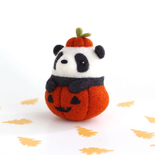 Needle Felted Panda in Jack-o'-Lantern (Burnt Orange Variant)