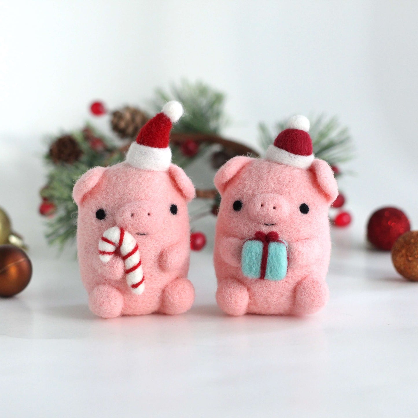 Needle Felted Pig holding Candy Cane