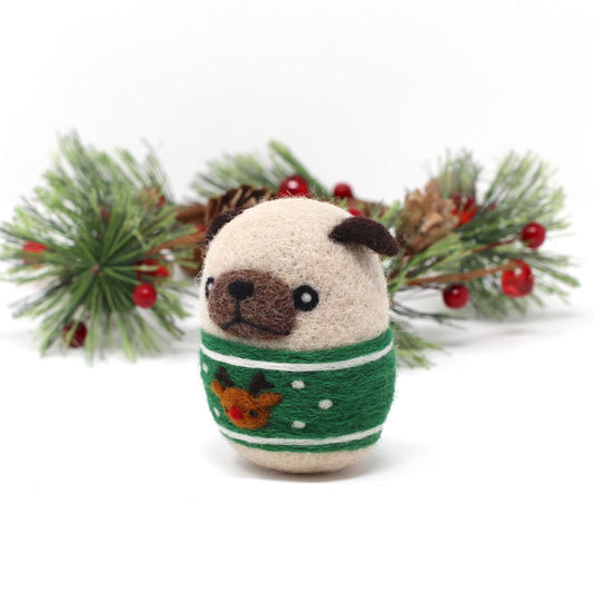 Needle Felted Pug in Green Reindeer Christmas Sweater
