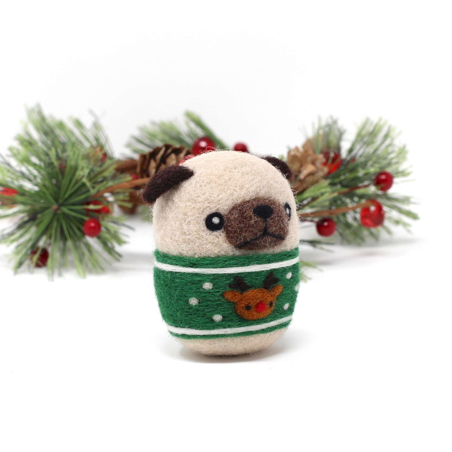 Needle Felted Pug in Green Reindeer Christmas Sweater