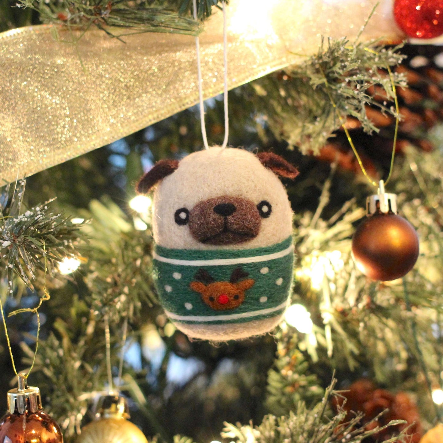 Needle Felted Pug in Green Reindeer Christmas Sweater