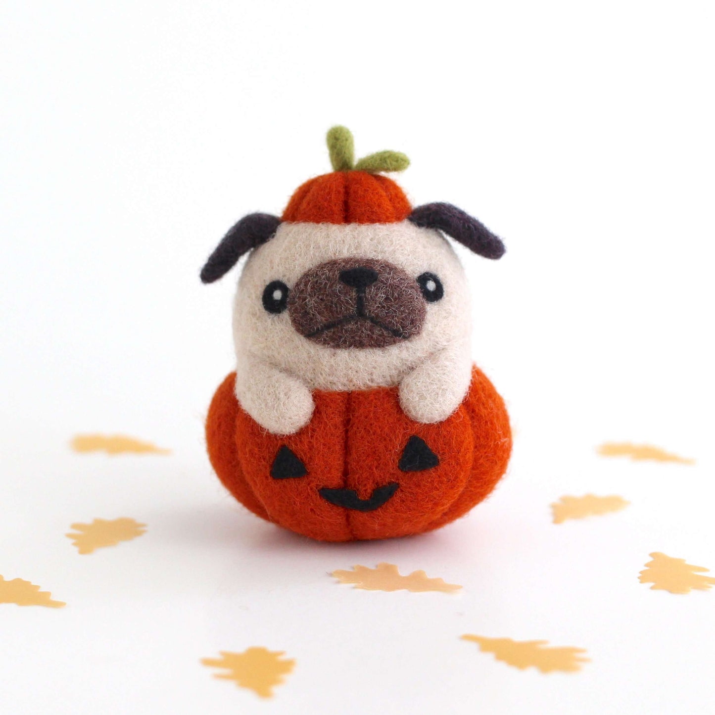 Needle Felted Pug in Jack-o'-Lantern