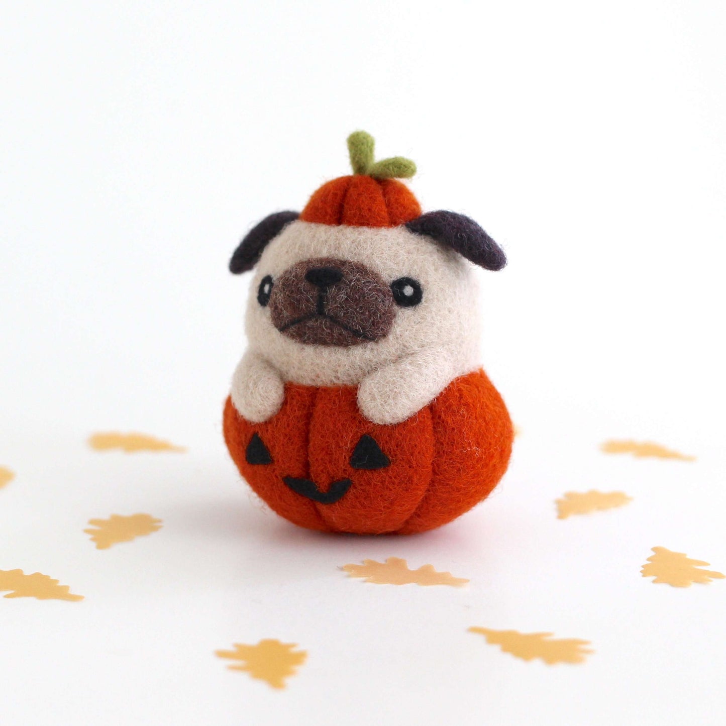 Needle Felted Pug in Jack-o'-Lantern
