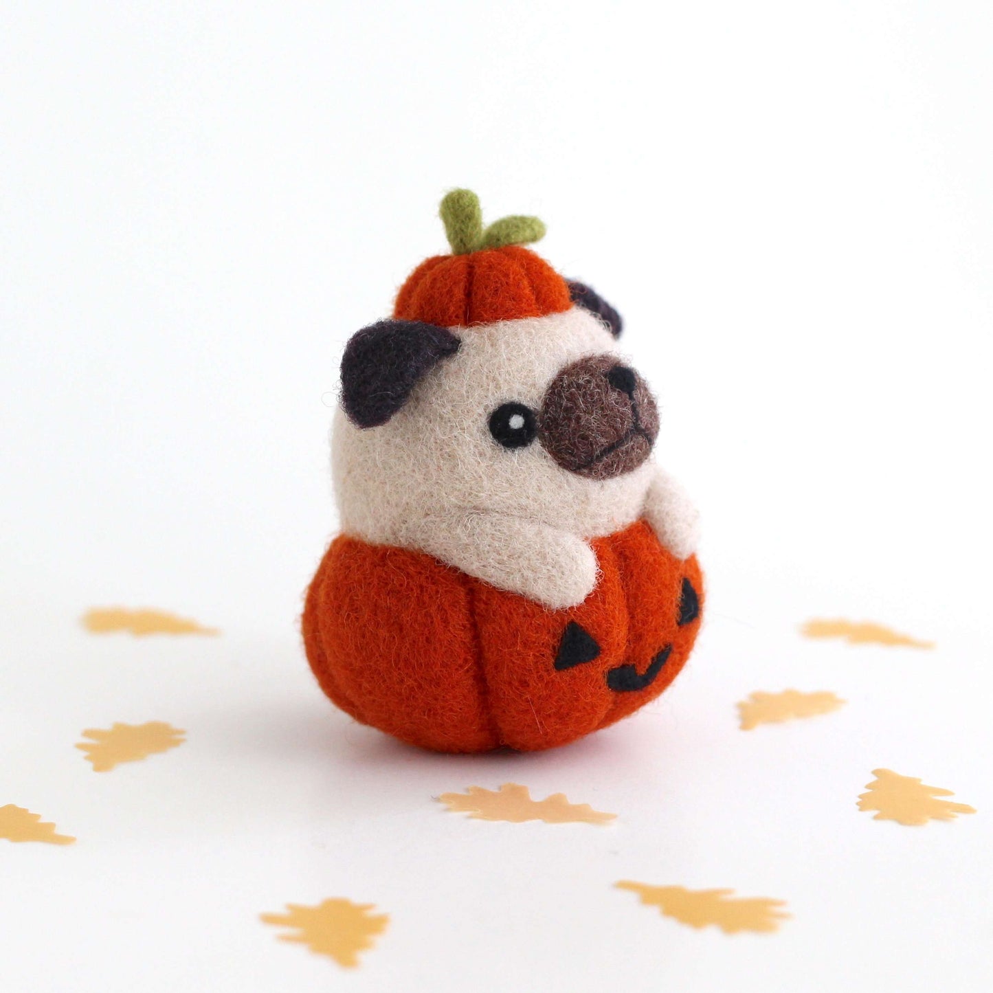 Needle Felted Pug in Jack-o'-Lantern