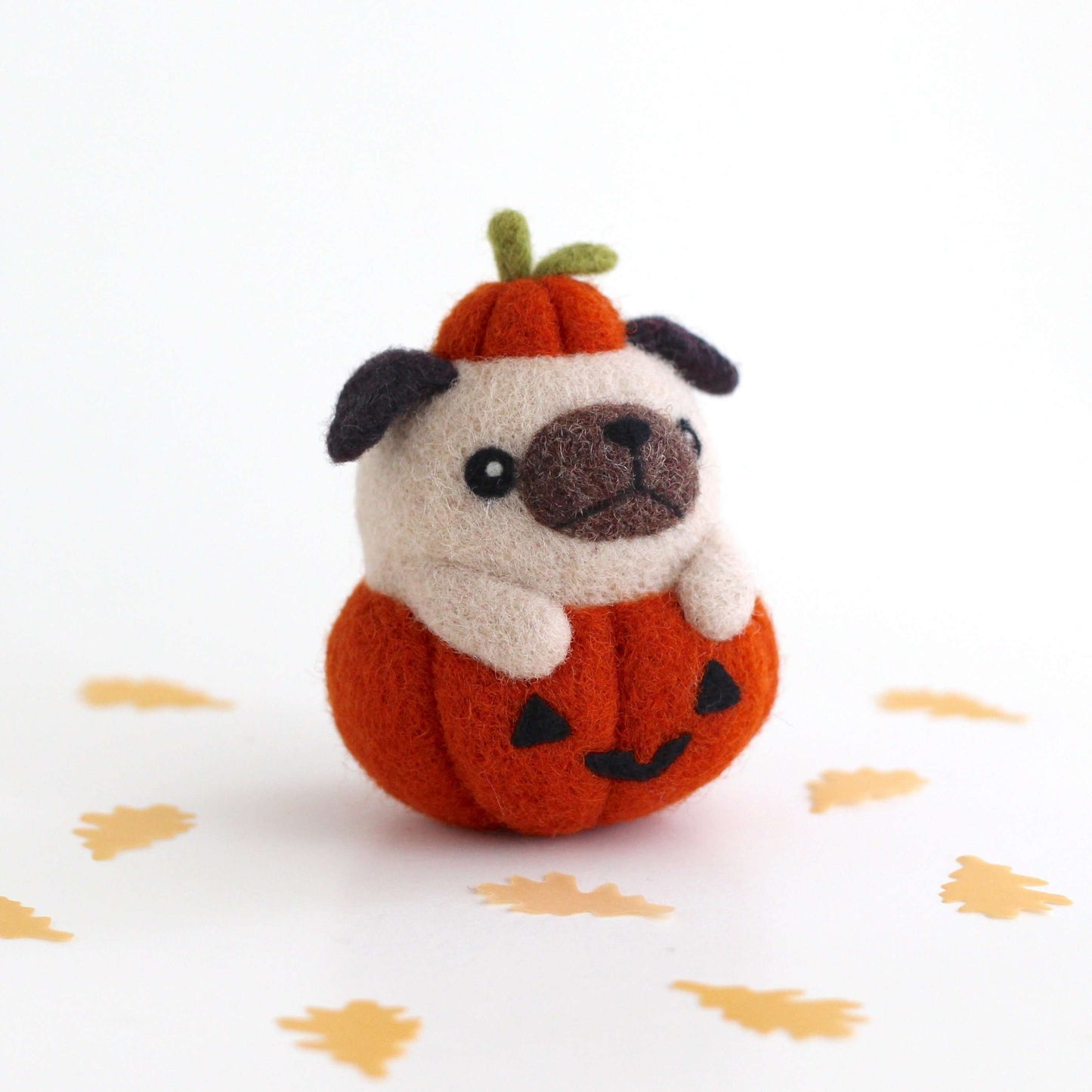 Needle Felted Pug in Jack-o'-Lantern