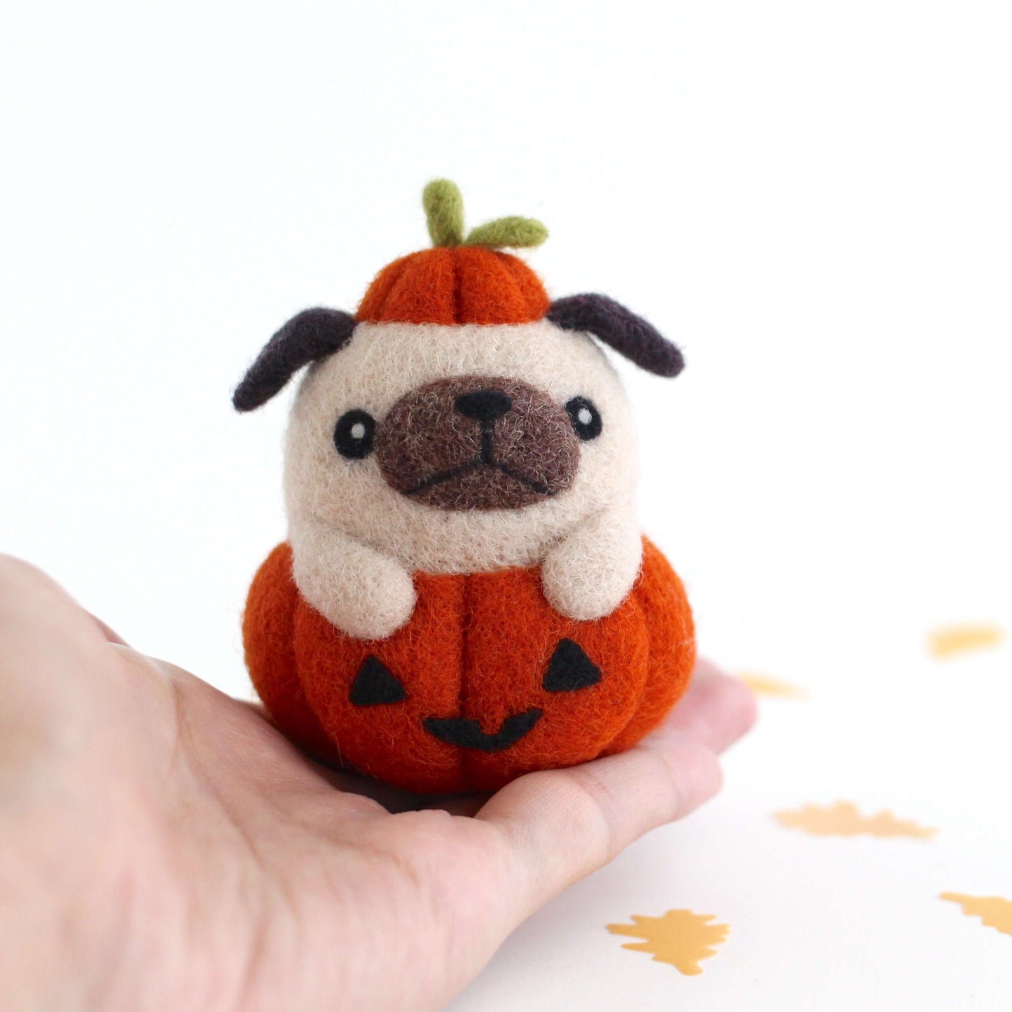 Needle Felted Pug in Jack-o'-Lantern