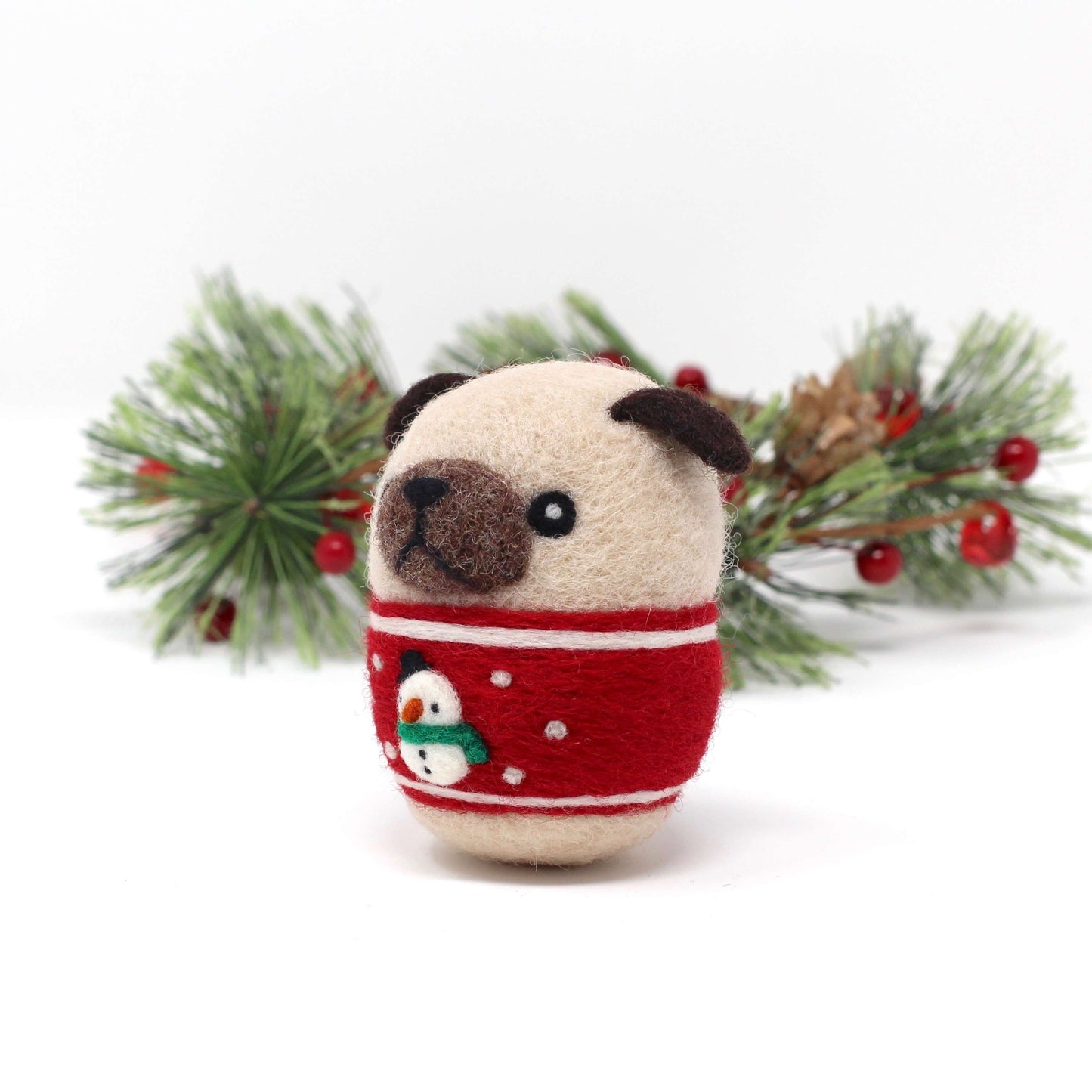 Needle Felted Pug in Red Snowman Christmas Sweater