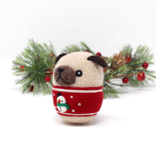 Needle Felted Pug in Red Snowman Christmas Sweater
